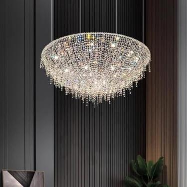 Imagem de Elegante luminária pendente de cristal italiano com atmosfera sofisticada - Ideal para decoração criativa de casas (salas de estar, jantar e quartos) (Diâmetro 100 cm - Luz tricolor)