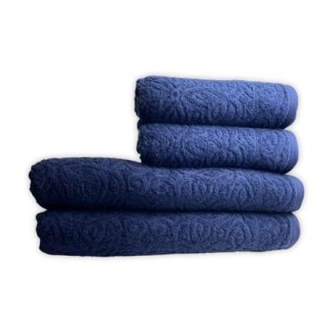 Imagem de Kit Toalha 2 Banhos + 2 Rostos Provença Dohler Jacquard 100% Algodão Alta Absorção e Toque Macio Jogo de Toalhas 4 Peças (Azul Marinho)