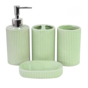 Imagem de Kit de Banheiro Cerâmica 4 Peças Porta Sabonete Líquido/Saboneteira/Porta Escova/Porta algodão(KB3002-VERDE)