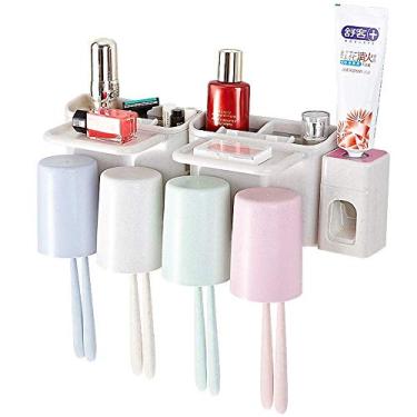 Imagem de Conjunto de armazenamento de escova de dentes, caixa de armazenamento de escova de dentes elétrica com espremedor automático de pasta de dente 4 xícaras e 10 compartimentos para família, crianças