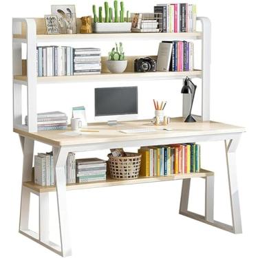 Imagem de Mesa de computador com armário de armazenamento e estante de livros, mesa de estudo de escritório em casa adequada para mesa de estudo de escrita de pequeno espaço, mesa de computador de madeira com