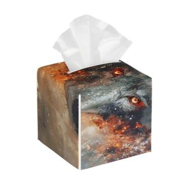 Imagem de Porta-lenços de couro quadrado à prova d'água lobo animal galáxia organizador de papel facial com cinto inferior cubo estojo de lenços para mesa, banheiro, escritório, mesa, carro, decorativo