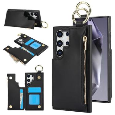 Imagem de Capa carteira para Samsung Galaxy S25 Ultra, 3 compartimentos para cartão, 1 bolso com zíper, suporte magnético com suporte de anel à prova de choque com bloqueio de RFID (preto)