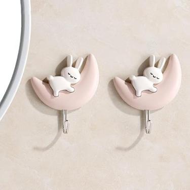 Imagem de 2 ganchos autoadesivos de coelho que não requerem perfuração e não danificam, adequados para toalhas, roupas, bolsas e ganchos para pendurar pequenos itens atrás da porta e paredes do banheiro (rosa)
