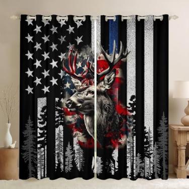 Imagem de Feelyou Lindas cortinas de escurecimento de veado (2 painéis, 96 x 119 cm) cortinas com bandeira americana para quarto veado caça chifres oeste fazenda 30%-50% cortinas blackout tratamentos de janela