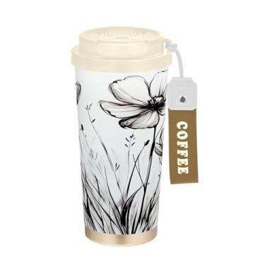 Imagem de SEHANY Caneca de viagem com flores pretas e brancas de 482 ml, copos de café reutilizáveis revestidos de cerâmica com tampa à prova de vazamento, parede dupla, isolamento a vácuo, copo de café de aço