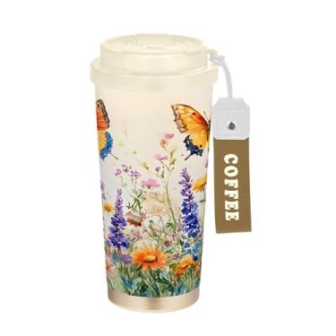 Imagem de SEHANY Caneca de viagem borboleta e flores de 482 ml Copos de café reutilizáveis revestidos de cerâmica com tampa à prova de vazamento, parede dupla, isolamento a vácuo, copo de café de aço inoxidável