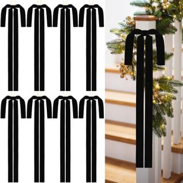 Imagem de Pacote com 9 laços longos de veludo preto, enfeite de Natal, 59,7 x 39,4 cm, fita vintage grande, laço rústico, pré-fabricado para enfeite de árvore de Natal, guirlanda, escada, porta, lareira ao ar