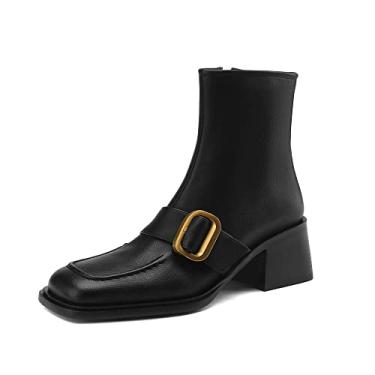 Imagem de TinaCus Bota feminina feita à mão de couro genuíno com fivela lateral com zíper quadrado, salto grosso, cano médio, Preto, 37