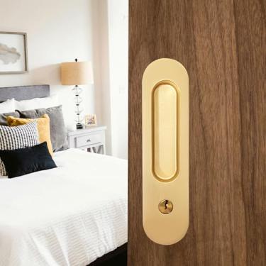 Imagem de Kindoodos Fechadura de porta de bolso com chave de privacidade maçaneta de bolso com fechadura para banheiro, quarto, ferragens invisíveis para móveis (oval dourado escovado 17,8 cm)