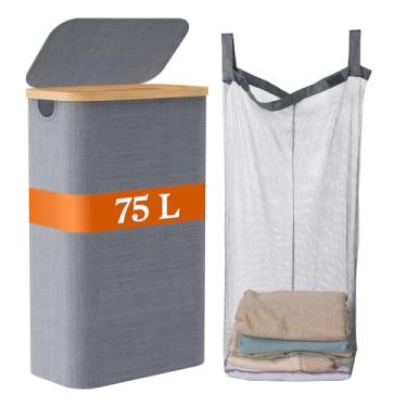Imagem de JOLLYIN Cesto de roupa suja com tampa, cesto de roupa suja de 75 L com bolsa removível, cesta de roupas sujas de viagem com alças de bambu para banheiro, quarto e lavanderia, cinza