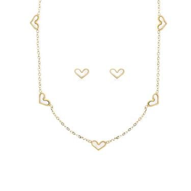 Imagem de Sonateomber Conjunto de colar de brincos de coração de ouro para dia dos namorados para mulheres, delicados e fofos corações pequenos brincos colares de formatura joias modernas presente, Latão, Sem