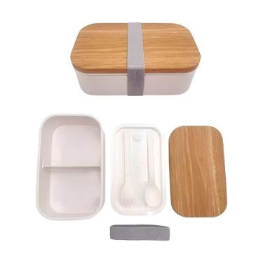 Imagem de Kit Marmita Lancheira Tampa Hermética Garfo E Colher 900ml Miniso Branca