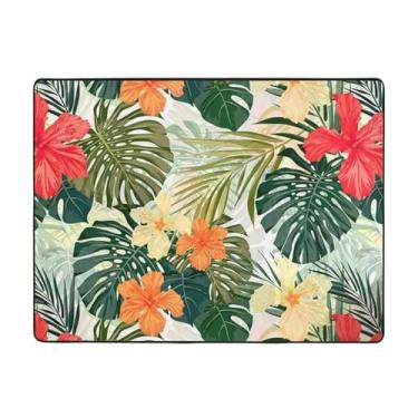 Imagem de ZERAOKE Tapete de área de flores de hibisco 48 x 63 polegadas, lavável na máquina com suporte antiderrapante, tapetes macios para sala de estar, quarto, entrada, quarto de crianças, decoração de casa