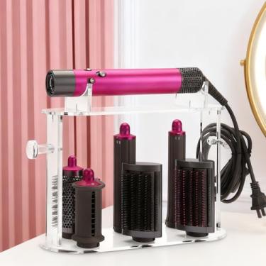 Imagem de Suporte de armazenamento de acrílico compatível com modelador de ar e acessórios, suporte organizador de bancada de 6 furos com cabide, suporte organizador de beleza de banheiro para Shark FlexStyle