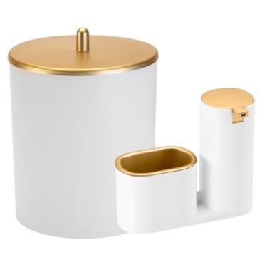 Imagem de Kit Lixeira 5L com Tampa + Dispenser de Detergente 900ml Luxo – Conjunto para Cozinha e Banheiro Modernos(Branco Dourado)