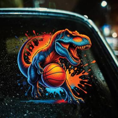 Imagem de Decalque de basquete de dinossauro – 17,8 x 17,8 cm adesivo de vinil de dinossauro engraçado com bola – Design colorido de desenho animado esportivo para janela de carro, laptop, parede – à prova