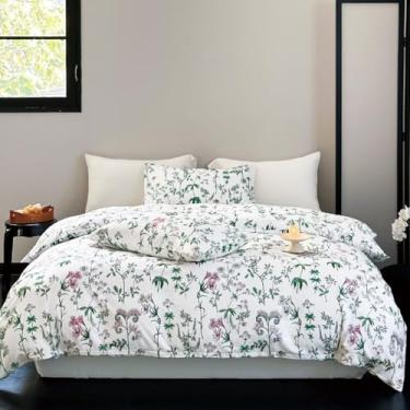 Imagem de OIKETI Conjunto de edredom Queen 100% algodão botânico floral – roupa de cama branca com folhas e flores verdes, leve, macio e respirável, inspirado na natureza, conjunto de 3 peças (1 edredom, 2