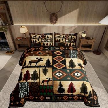 Imagem de Feelyou Conjunto de edredom infantil com alce, tamanho king, rústico, casa de fazenda, para quarto de crianças, meninos, meninas, tema de caça, decoração rústica, marrom, microfibra, ultramacia