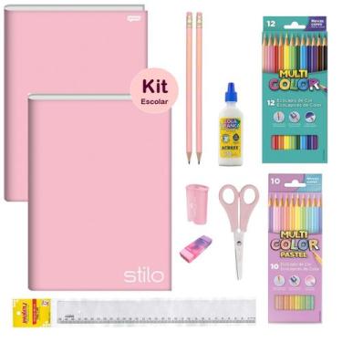 Imagem de Kit Material Escolar Volta as Aulas Infantil Menina Tom Pastel Rosa Ca