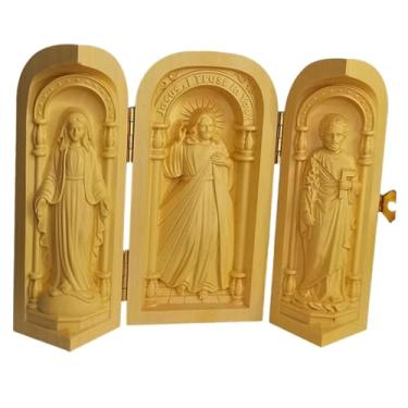 Imagem de Ｂｅｓｇａ Caixa tríptica em madeira esculpida com ícones católicos de Maria, Jesus e José. Escultura religiosa.