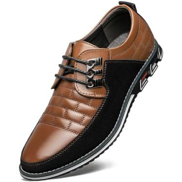 Imagem de AWINIWI Sapatos sociais masculinos, confortáveis, modernos, masculinos, de couro vegano, casual, negócios, escritório, casamento, formal, moderno, Oxfords, Marrom e preto, 9 Wide
