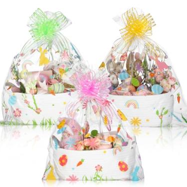 Imagem de Teenyyou 3 conjuntos de cestas de tecido de Páscoa com sacos de presente de celofane laços 30 x 23 x 12 cm cesta de corda de ovos de coelho vazios de Páscoa para embrulho de presente, decoração de