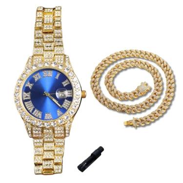 Imagem de genkigold Relógio de diamante dourado para meninos adolescentes - mostrador redondo com algarismos romanos de 42 mm em três cores - pulseira banhada a ouro real 18K de 20 cm - Inclui ferramenta de