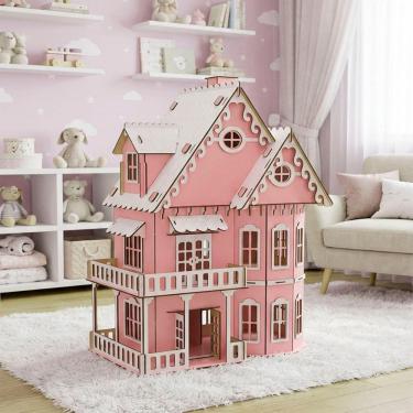Imagem de Casinha De Boneca Branco Rosa Miniatura Em MDF Barbie 78cm