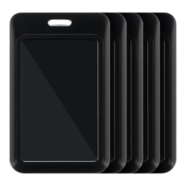 Imagem de SEAVILIA Pacote com 5 porta-crachás deslizante, preto, plástico rígido, porta-cartões de identificação, bolsa protetora vertical com janela transparente, ideal para documentos de escritório/escola