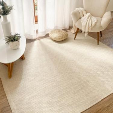 Imagem de Tapete Algodão Sala Quarto Antiderrapante 2,00 x 1,40 Rústico Artesanal Emborrachado Cru Chevron Off White Lavável