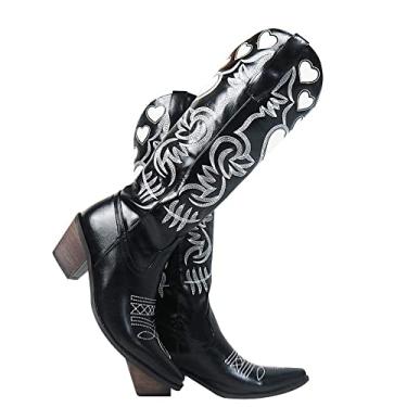 Imagem de Botas femininas de cano alto bordadas vintage salto grosso bico fino bonito coração festa cowboy botas de vaqueira, Preto, FBA, 9