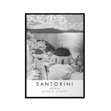 Imagem de Pôster de viagem preto e branco impressão de paisagem da cidade do mundo pintura em tela Santorini Wall Art Picture Home Decor (8 x 12 polegadas (20 x 30 cm), moldura para fotos)