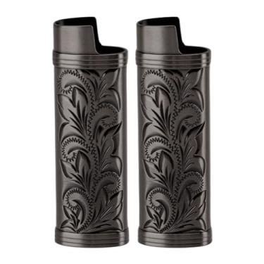 Imagem de Alomejor Caixa de Isqueiro de Liga de Zinco, 2 Peças Capa de Metal Floral Vintage para Isqueiros Padrão-acampamento Ao Ar Livre Caminhadas Acessórios Essenciais (Preto)