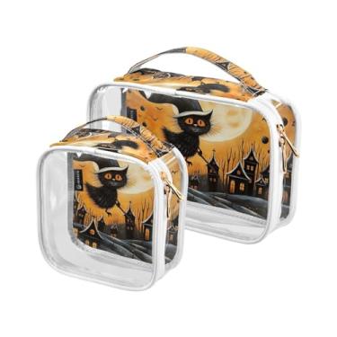 Imagem de GAIGEO Pacote com 2 morcegos abóboras de Halloween, bolsa transparente de viagem, bolsa de higiene com alça, bolsa de cosméticos para carro, Gato preto voando na vassoura, one size