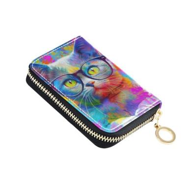 Imagem de Carteira feminina colorida de gato fofo com tinta brilhante, porta-cartões com bloqueio de RFID, porta-moedas de couro com zíper e chaveiro