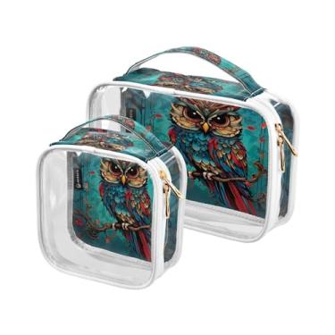 Imagem de GAIGEO Conjunto de 2 sacos de maquiagem transparentes com coruja decorativa na cor azul, sacos de maquiagem de plástico transparente com zíper para viagens, A coruja fica em um azul - 3, one size