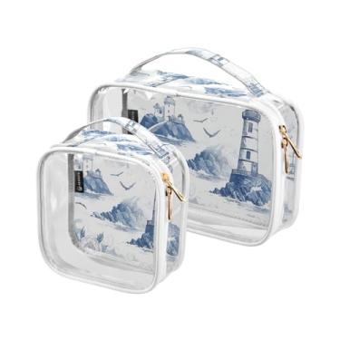Imagem de GAIGEO Conjunto de 2 bolsas de maquiagem transparentes, preto, branco, geométrico, para filhotes, para maquiagem, bolsas de maquiagem transparentes para viagens, Tema náutico retrô azul e branco, one
