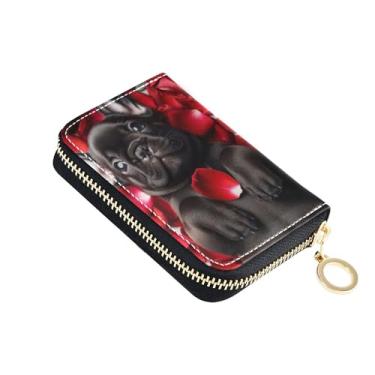 Imagem de Carteira feminina de couro com bloqueio de RFID, carteira feminina com zíper, porta-moedas com chaveiro, preto, amor, cachorrinho