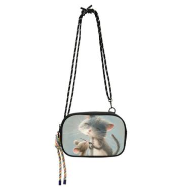 Imagem de TSENQUE Bolsa feminina com pintura de rato cinza e gato engraçada, bolsa transversal para celular, carteira, bolsas de ombro, mini fofas