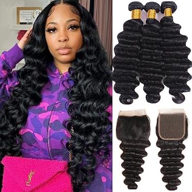 Imagem de Aelinsi 12A Pacotes De Cabelo Humano Solto Com Ondas Profundas E Fecho (22 24 26 + 22 Polegadas) 100% Cabelo Humano Virgem Brasileiro Não Processado, 3 Pacotes Com Fecho, Cor Preta Natural