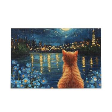 Imagem de Quebra-cabeça noturno de gato laranja fofo de madeira e papel, quebra-cabeças adultos para homens