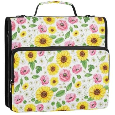 Imagem de Organizador de fichário com zíper, girassóis amarelos vibrantes, 3 cm, 3 anéis, bolsa de fichário profissional para ensino médio, com alça de armazenamento, estojo com alça, 34,5 x 31,5 x 9 cm