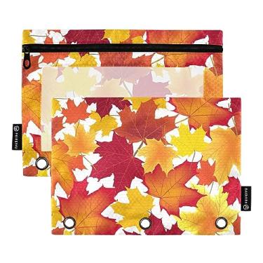 Imagem de GAIGEO Bolsa com zíper Cupcakes Donuts para fichário, bolsa de lápis com 3 anéis com zíper, para organizador de fichários de escritório de professores, Folhas de bordo amarelo dourado outono, one