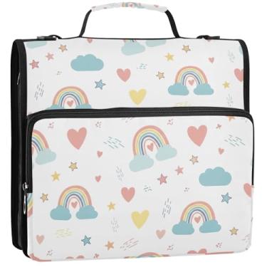 Imagem de Organizador de fichário com zíper, arco-íris, branco, 3 argolas, fichários resistentes e engraçados com alça, bolsa de ensino médio, suporte para 500 folhas, 34,5 x 31,5 x 9 cm