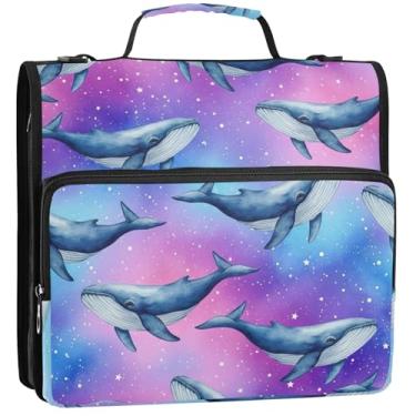 Imagem de Organizador de fichário com zíper, baleias azuis, galáxia, vibrante, roxo, 3 anéis, bolsa de fichários escolares fofos, resistentes com alça de ombro, comporta 500 lençóis, 34,5 x 31,5 x 9 cm