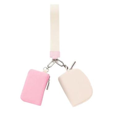 Imagem de Mini carteira portátil com zíper e duas bolsas ao redor do pulso, chaveiros, presentes para compras, turismo, esportes para mulheres e homens, Rosa e bege, Big