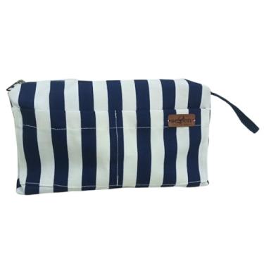 Imagem de Nécessaire organizadora tecido semi impermeável feminina, unissex, viagem, academia (Azul Marinho Listrado)