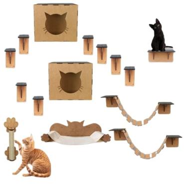 Imagem de Playground Para Gatos Modular Customizavel Com Nicho Prateleira Escada Ponte Arranhador MDF Revestimento Antiderrapante(9 PEÇAS)