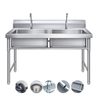 Imagem de Banheira de lavanderia de nível comercial, pia de restaurante comercial, pia de aço inoxidável de tigela dupla independente, 2 compartimentos, com kit de drenagem e backsplash, para sala de lavagem